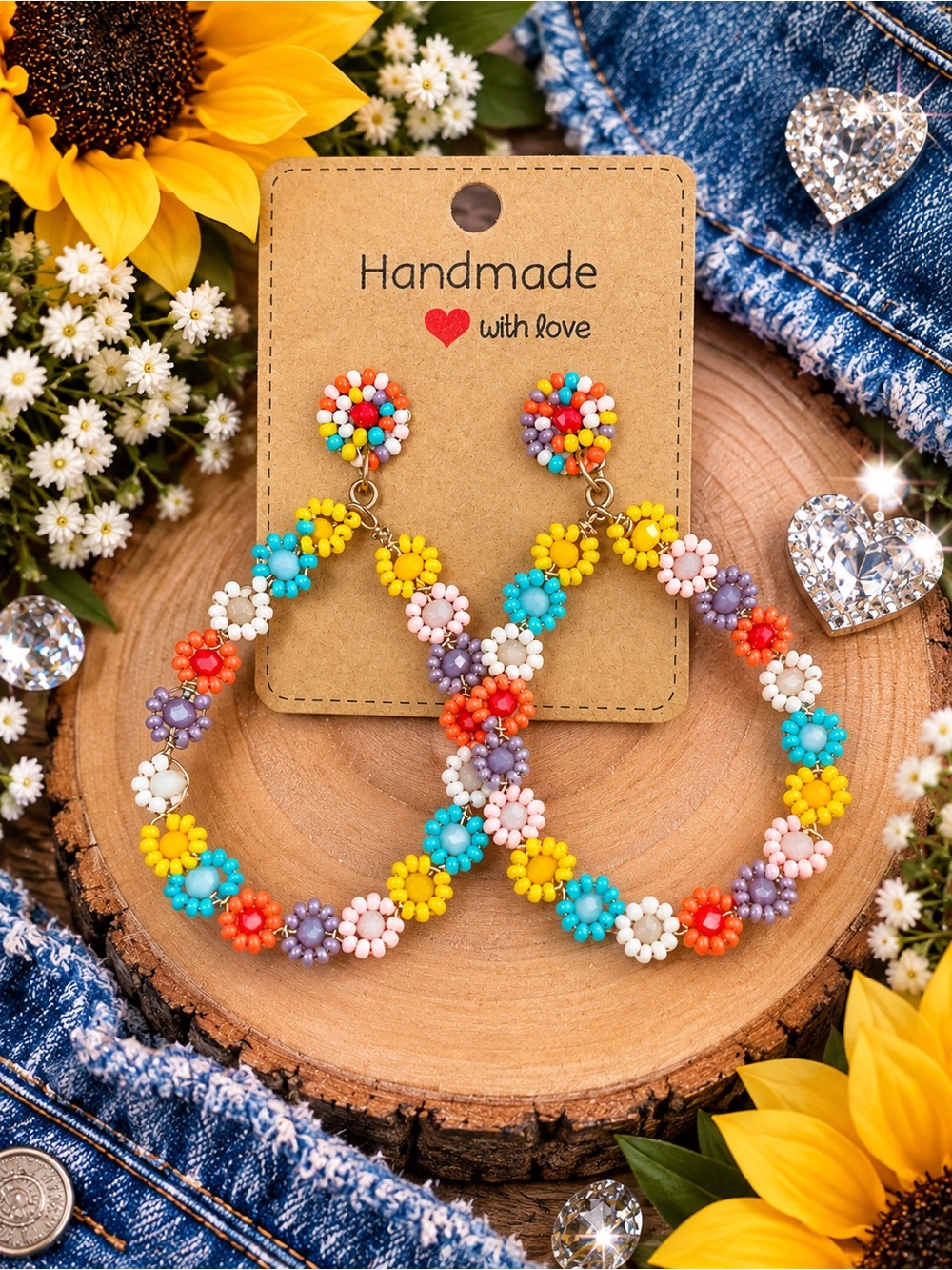 Handmade Multicolor Beaded Flower Hoop Earrings